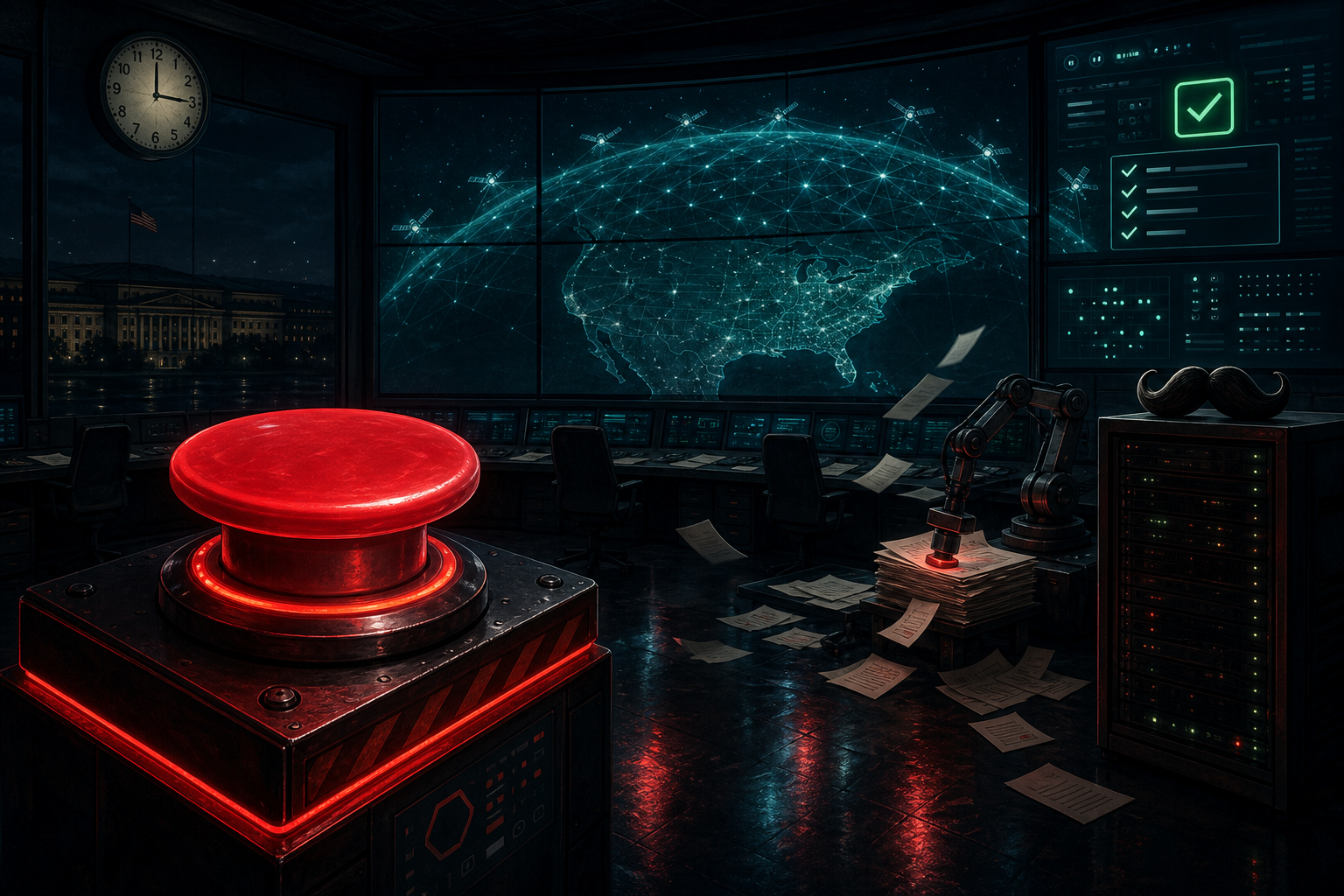 Illustration: dark war room at 3 AM — glowing red demo button, satellite-dome monitors, robot arm stamping paperwork, fake mustache on a server rack
