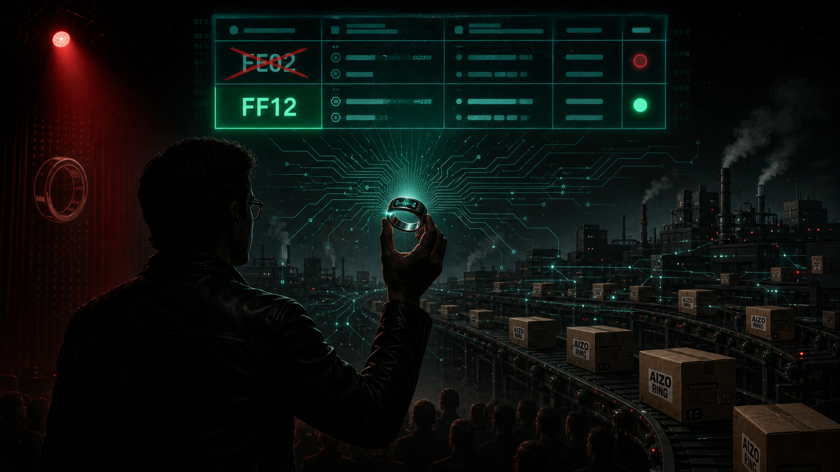 Illustration: dark keynote stage, silhouetted speaker holding a glowing smart ring, holographic GATT table overhead with FE02 crossed out in red and FF12 pulsing green, factory conveyor skyline with AIZO RING boxes