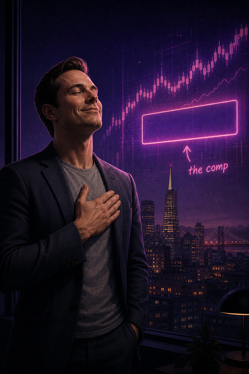Illustration: man in blazer at a window at night, hand on chest, eyes closed; neon stock chart over the SF skyline with an empty ticker box labeled the comp