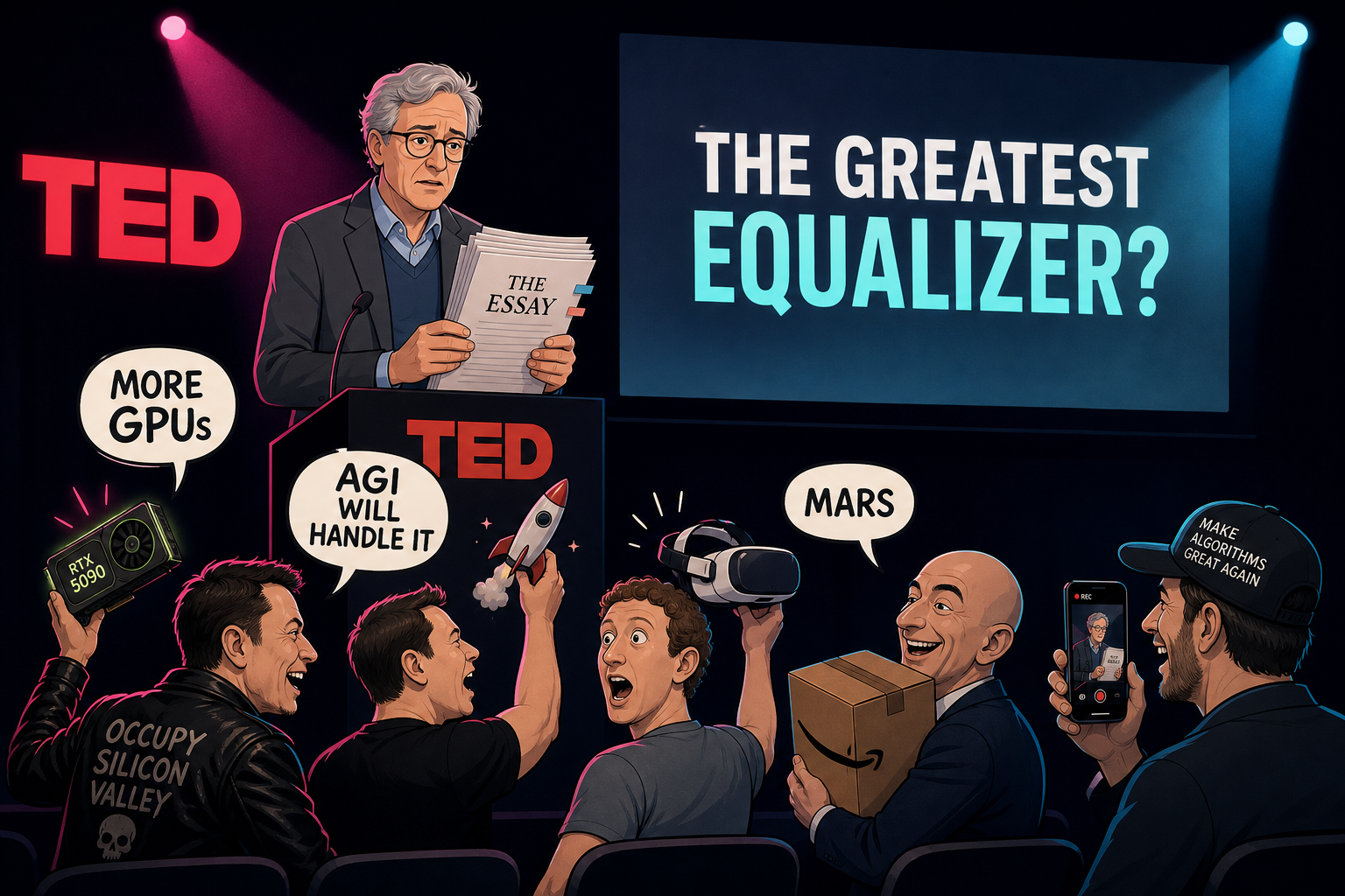 Illustration: gray-haired man at a TED-style podium reading a stack of papers titled The Essay; slide reads THE GREATEST EQUALIZER?; five silhouetted tech billionaires heckle with a GPU, a toy rocket, a VR headset, a delivery box and a phone; bubbles read MORE GPUs, AGI WILL HANDLE IT, MARS