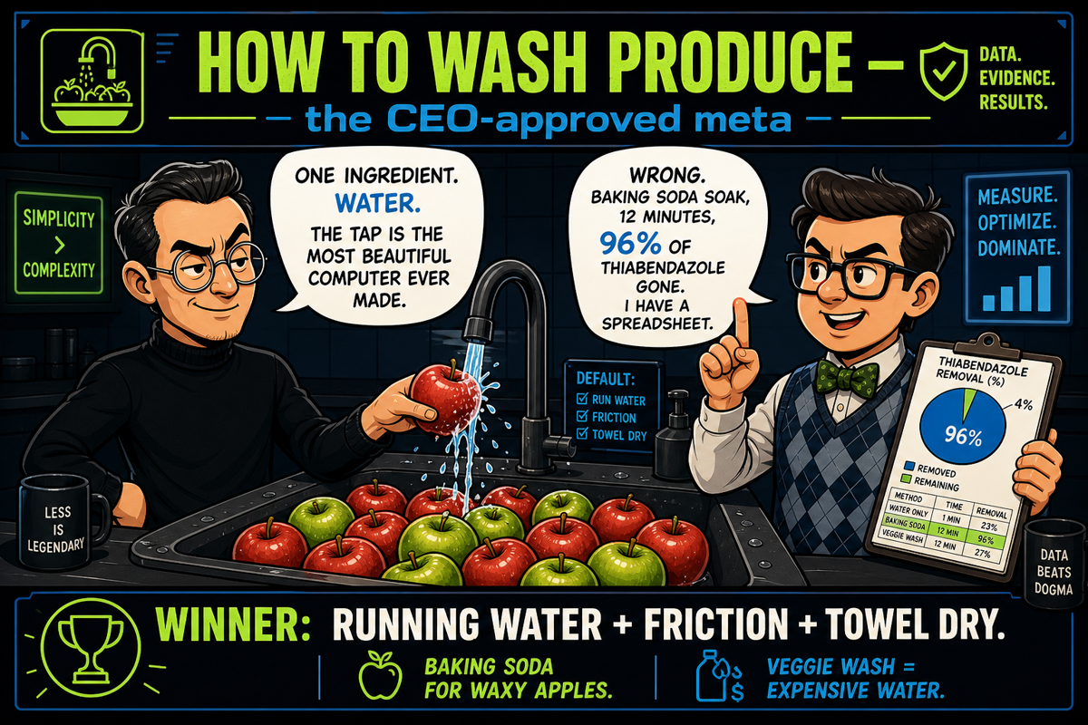 Illustration: two tech CEO caricatures over a kitchen sink of apples, one holding an apple under a running tap, the other holding a pie-chart clipboard