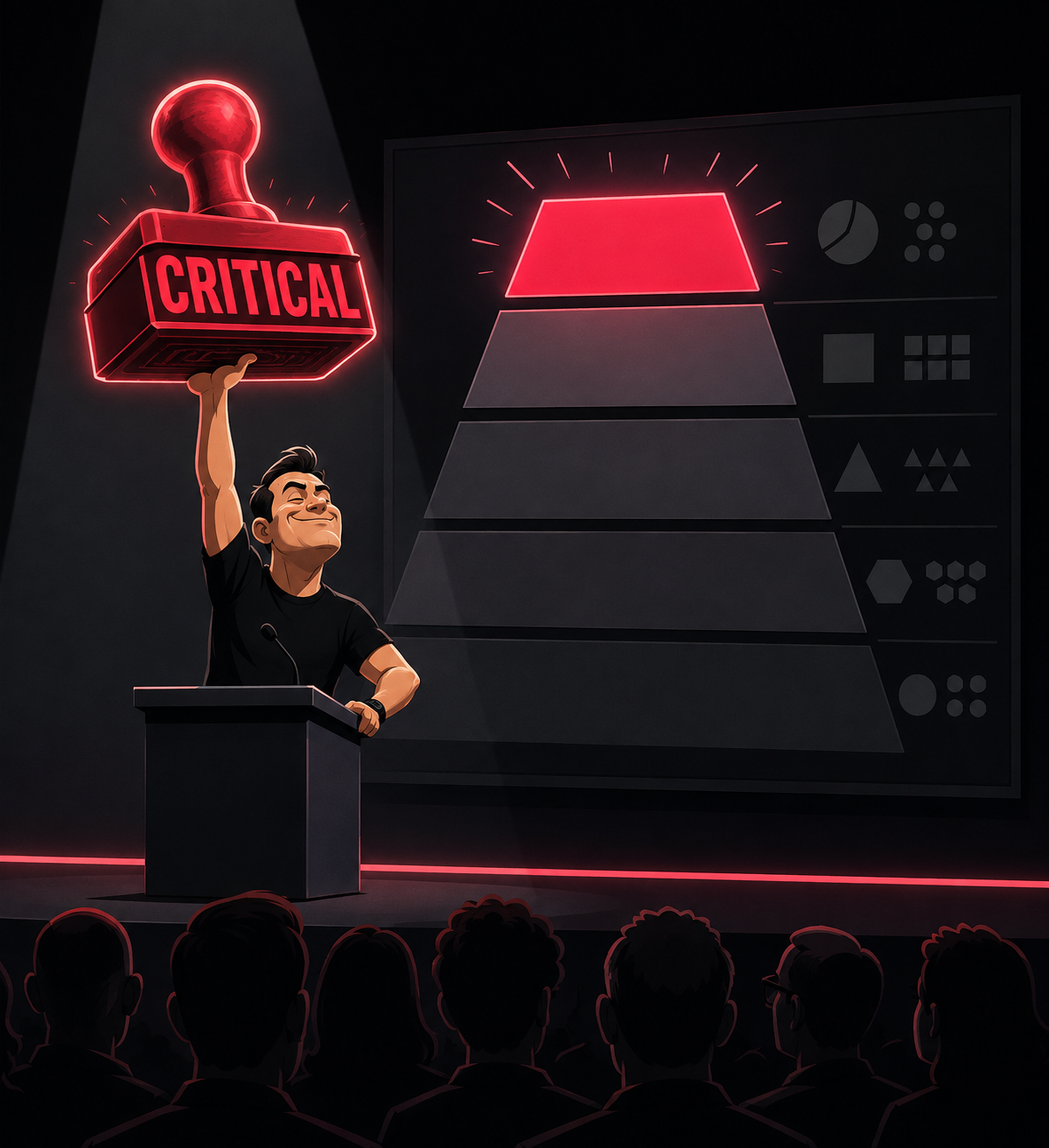 Illustration: a t-shirted tech CEO caricature at a keynote podium triumphantly hoisting a giant glowing red stamp labeled CRITICAL, before a tier chart with the top tier lit red, silhouetted audience watching