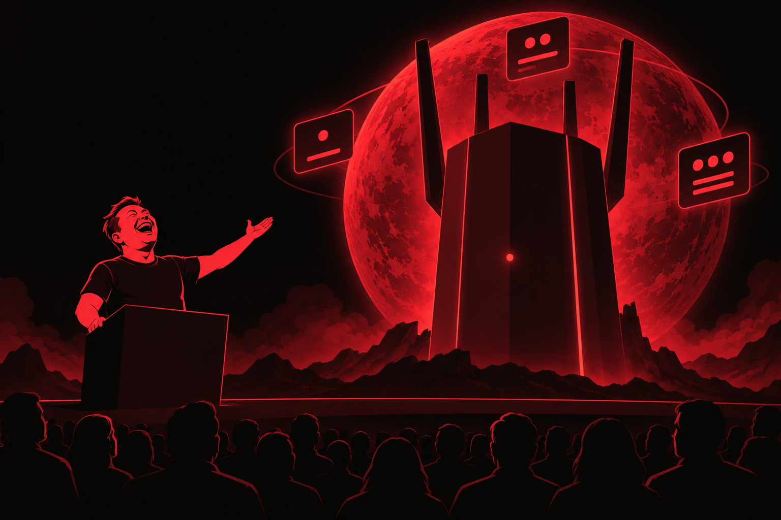 Illustration: a t-shirted tech CEO caricature at a keynote podium on a dark stage, one arm raised toward a colossal glowing red Wi-Fi router tower with a single LED, a large red planet marked with three floating price-tier cards behind him, silhouetted audience watching